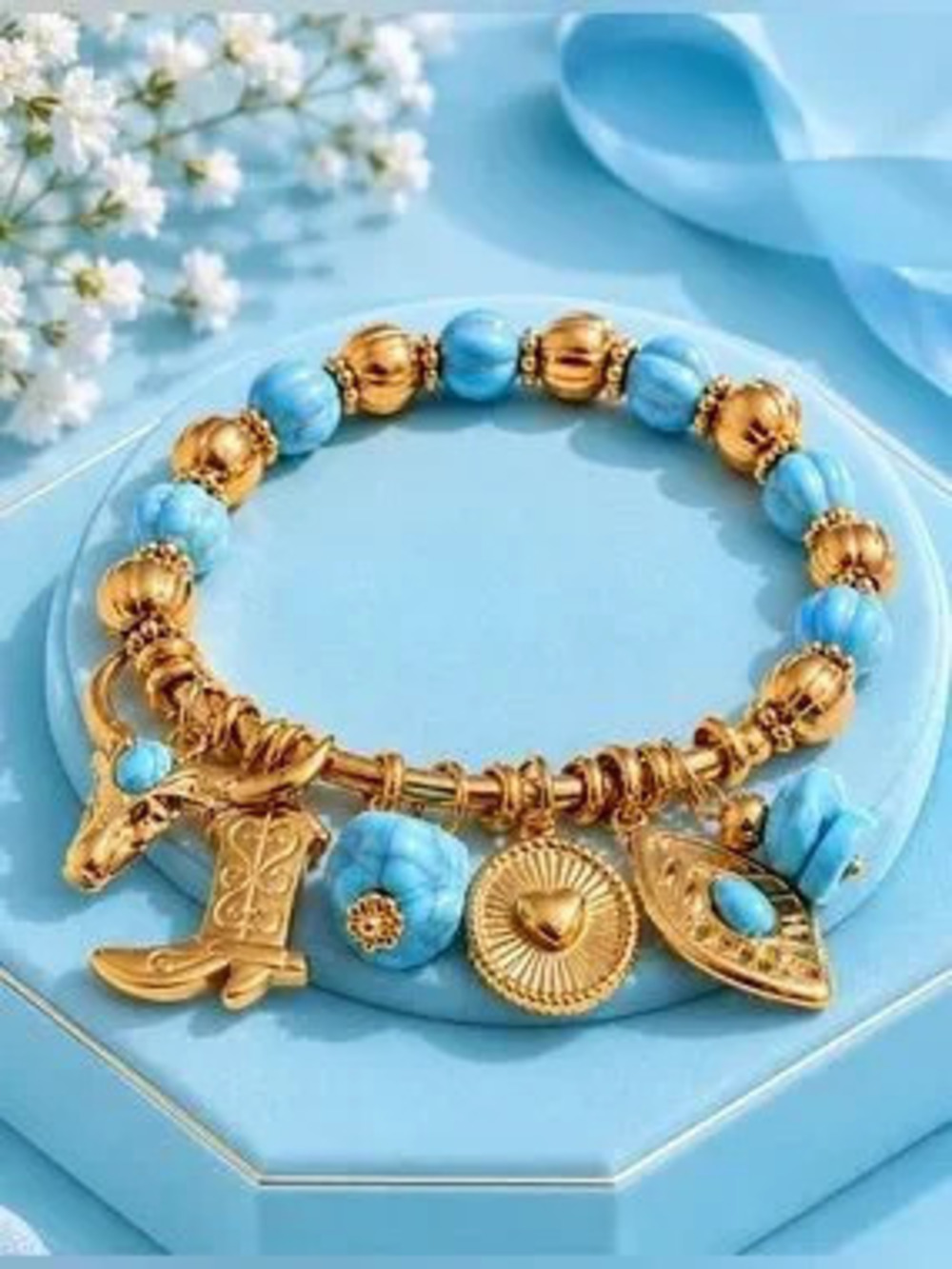 Western Turquoise Charm Gold Cowboy Boot Heart Medallion Boho Luxe Bracelet